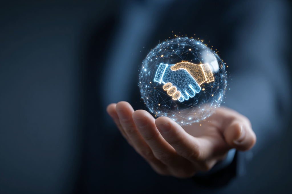 Digital handshake in a network sphere symbolizing entity trust and brand authority for AI search and SEO.