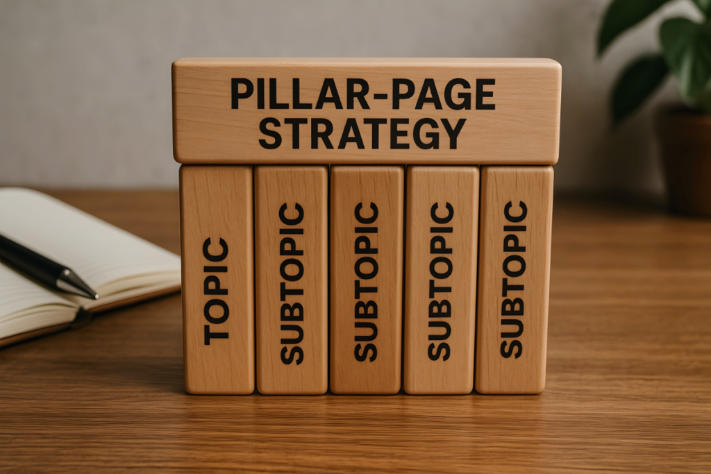 SEO pillar page structure showing main topic supported by multiple subtopics.