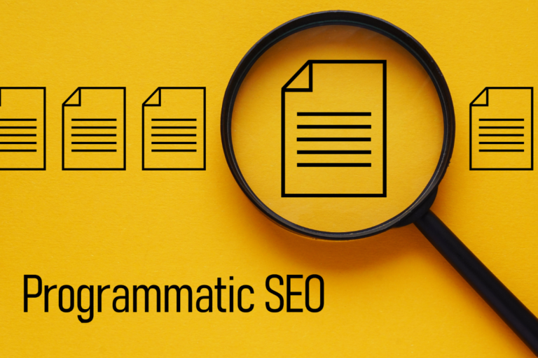 Programmatic SEO strategy: magnifying glass examining multiple document icons, representing automated content scaling at volume.