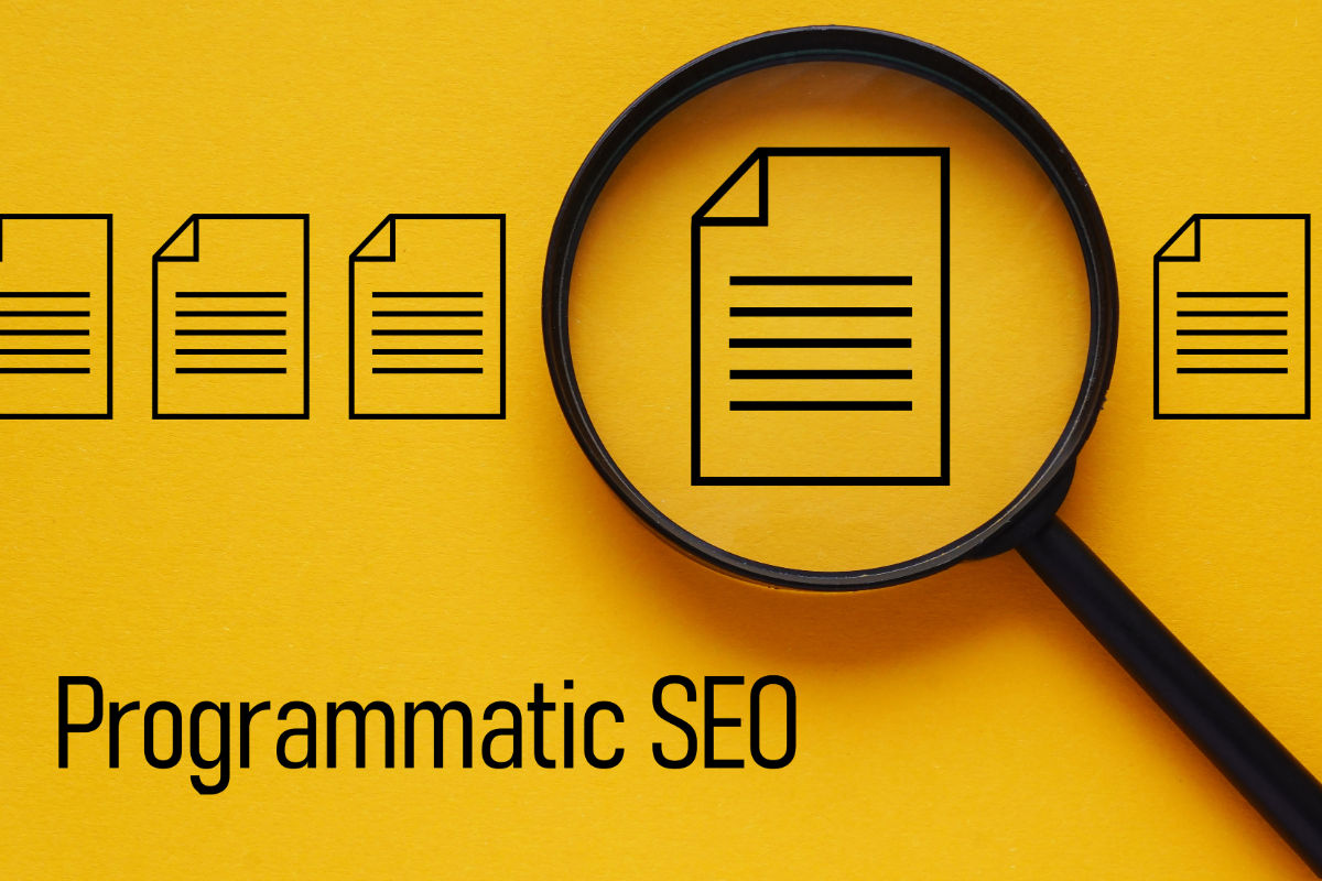 Programmatic SEO strategy: magnifying glass examining multiple document icons, representing automated content scaling at volume.