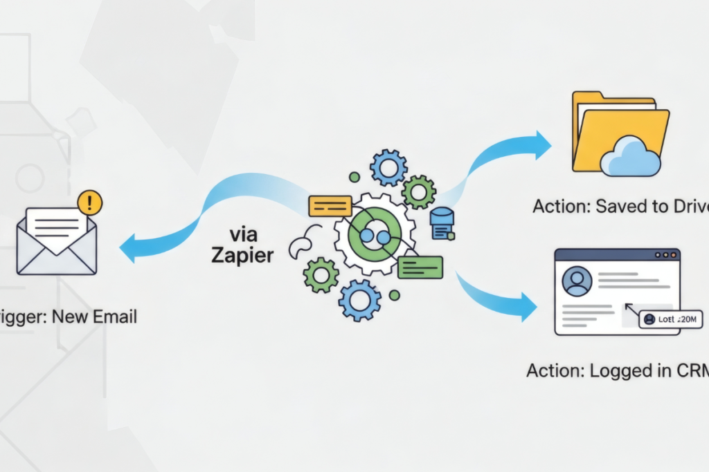 Programmatic SEO example: Zapier automation workflow diagram showing email trigger connected to Drive and CRM actions.a